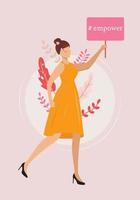 Women empowerment concept illustration. Demonstration for International Women's Day. Pretty young woman in the orange dress with a shield walking in the nature. For cards, posters, flyers, banners. vector