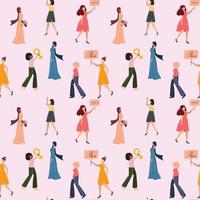 Seamless pattern with pretty young women different nationalities. Multicultural concept illustration. For backgrounds, textile, wrapping paper, cards. vector