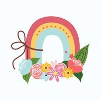 Cute rainbow with flowers. For cards, banners, prints, any cute design projects. Vector illustration.