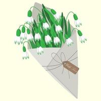 ilustración de primavera, un ramo de lindas gotas de nieve en una bolsa de papel atada con una cinta con una etiqueta. imágenes prediseñadas, tarjeta de felicitación vector