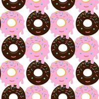 Vector  seamless pattern illustration of donuts in chocolate and pink glaze in kawaii style on a white background.