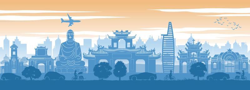 Vietnam famous landmark at back of cars and street in scenery style silhouette design,