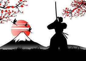 Japanese art with ancient design of samurai training sword near Fuji mount vector