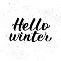 Hello Winter calligraphy lettering on white textured background. Quote hand written with brush. Typography poster. Vector illustration. Easy to edit template