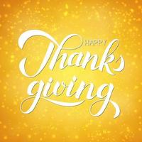 Thanksgiving day vector illustration. Happy Thanks giving hand written with brush. Calligraphy lettering typography poster on bright yellow blurred background