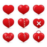 Set of nine red hearts isolated on white background. . Valentine s day vector collection. Love story symbol. Health medical flat icon. Easy to edit design template.