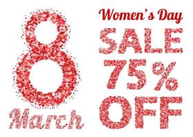 International Women's Day sale banner with letters and numbers of scattered hearts confetti. March 8 vector illustration isolated on white background.  Easy to edit design template.