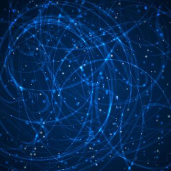 Blue abstract background chaotic curves. Dynamic bright curved stripes with glowing particles. The space concept vector