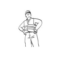 half length male engineer standing with akimbo illustration vector hand drawn isolated on white background line art.