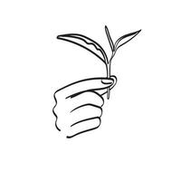 line art closeup hand holding tea leaf illustration vector hand drawn isolated on white background