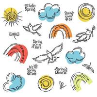 Sky Spring Set With Sun, Rainbows, Clouds, Birds, and Dragonflies vector