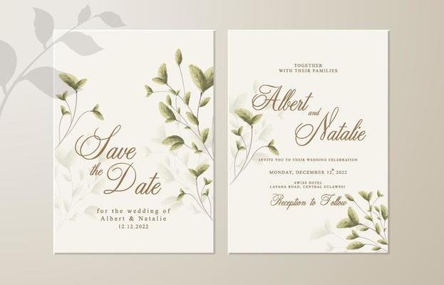 Double sided wedding invitation template with leaf theme