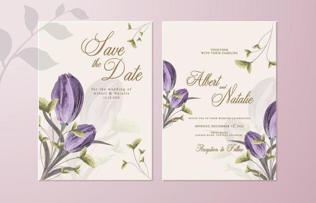 Double sided wedding invitation with purple flower