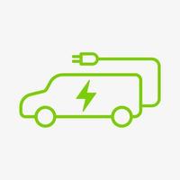 icono de vector de carga de energía del vehículo eléctrico aislado sobre fondo blanco. símbolo de coche eléctrico. icono ev con cable de carga. variante de estilo de carrocería de automóvil monovolumen