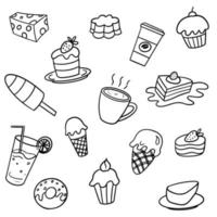 conjunto de comida de dulces de garabato en la ilustración de backgrond.vector blanco. vector