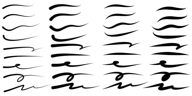 set of hand drawn vector underline, highlighter marker strokes, swoops, waves brush marks abstract doodle set for your design