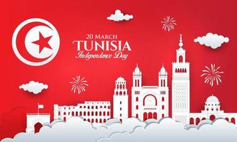 Vector illustration of Tunisia Independence Day celebration with city skyline in paper cut style.