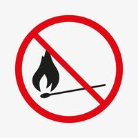 No fire symbol. Match and flame vector icon. Red crossed circle. Ban sign