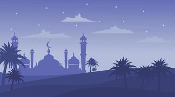 Islamic Mosque Cityscape arabic characters on beautiful silhouette background - Ramadan Kareem. vector