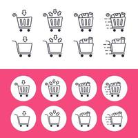 Add to chart retail shopping cart trolley icon outline style collection with condition set from empty, full item filled, and in delivery process vector