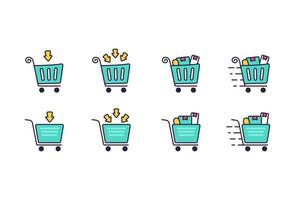 Add to chart retail shopping cart trolley icon filled outline style set collection with various condition from empty, full item filled, and in delivery process vector