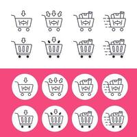 Add to chart retail shop trolley icon outline style set collection with various condition from empty, full item filled, and in delivery process vector