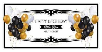 white birthday banner with gold and black ballons ornaments with black tribal and rectangle frame vector