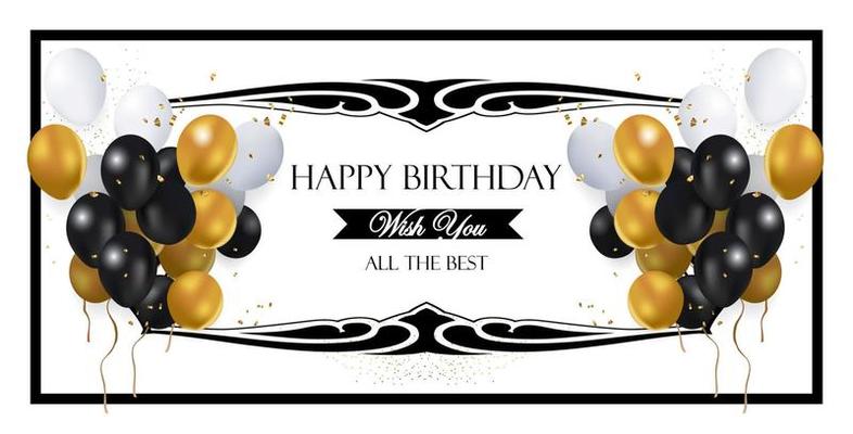 white birthday banner with gold and black ballons ornaments with black tribal and rectangle frame