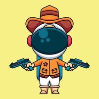 Cowboy astronaut wearing two guns, cute cartoon icon illustration vector