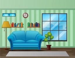 Cozy living room interior with a sofa and a bookcase vector
