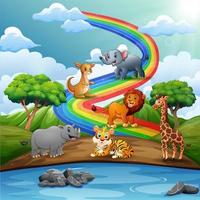 Many wild animals over the rainbow vector