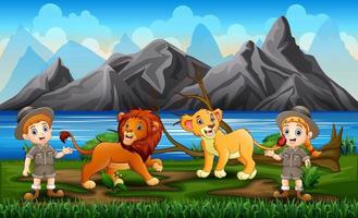 niños de safari y leones en el zoológico del parque vector
