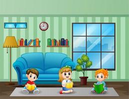 Three kids reading book in a room illustration vector