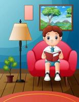 A boy student sits in a soft chair while reading a book vector