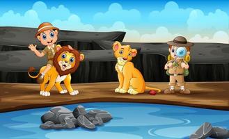 The zookeepers with lions in the zoo vector