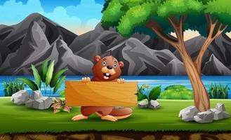 A beaver holding a wooden sign in nature background vector