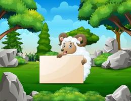 Cute a sheep holding a blank sign in the park vector