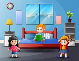 Cartoon happy girls playing in the bedroom vector