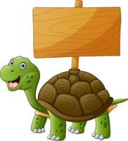 A smiling turtle with empty wooden plank vector