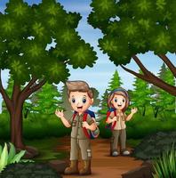 escena con dos exploradores caminando por el bosque vector
