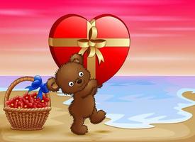 Teddy bear carrying big gift of red heart vector