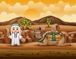 muchachos árabes con camellos descansando en el desierto vector