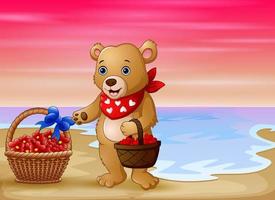 A bear with a basket of red heart on seaside vector