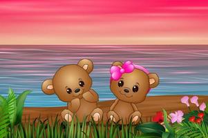 Cute couple a teddy bear sitting on seaside vector