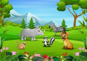 Group of animals relaxing in the field vector