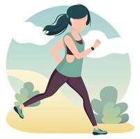 Young beautiful girl running outdoor in sportwear with earpods and fitness trecker. Sporty lifestyle. Healthy training. Vector flat trendy illustration.