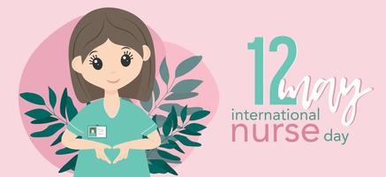International nurse day 12 may. Happy female nurse in uniform. Pink and mint colors. Banner with lettering. Make a heart sing with hands.
