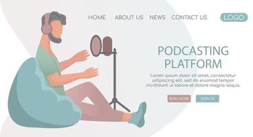 plantilla web de página de destino vectorial para blogs y vlogging. joven de moda con auriculares sentados en una bolsa perezosa y grabando podcast con micrófono en trípode. vector