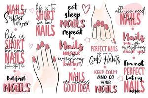 Inspiration lettering quotes about nail and manicure. Woman hands. Pink colors with glitter. For nail bars, beauty salons, manicurist, printing production, social media. vector