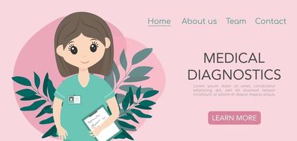Medical diagnostic template. Web page with  happy female nurse or doctor  in uniform. Pink and mint colors. Vector illustration for website, poster, banner.